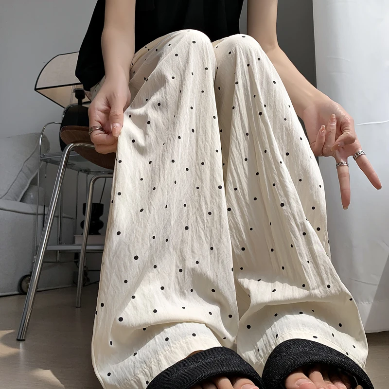 2024 New Arrival Summer Korean Style Women's Pants Casual Loose Dot Print Ankle-length Pants Elastic Waist Wide Leg Pants V27