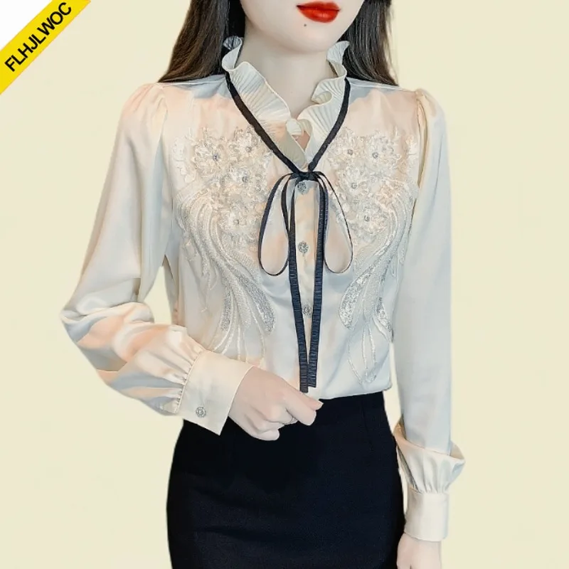 Nette Fee Chic Tops Korea Japan Stil 2025, Frühling Langarm Stehkragen Grundlegende Weiße Hemden Frauen Band Fliege Top Blusen