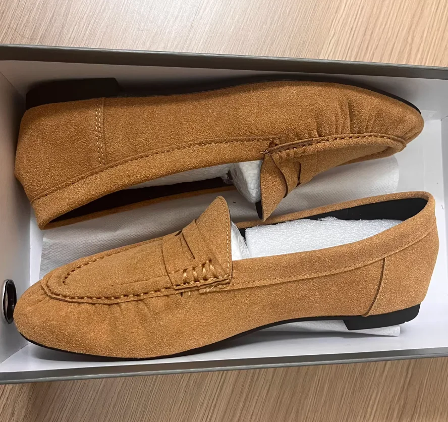 

Retro Round head pleated Loafers for Women Suede One Foot Lazy Single Shoes Brown Casual Leather Shoes Women Flat Comfort Shoes