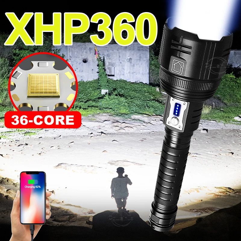 XHP360 High Power Led Flashlight 1000000LM Rechargeable Torch Powerful Tactical Flash Light Hunting Lantern Waterproof Hand Lamp