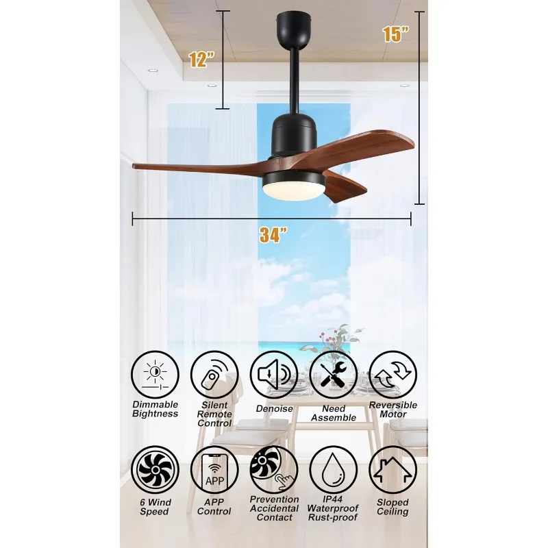 Plug-In Wet Rated Outdoor Ceiling Fan with Dimmable Light and Memory Remote, Walnut Outdoor Hanging Fan For Gazebo, Patio