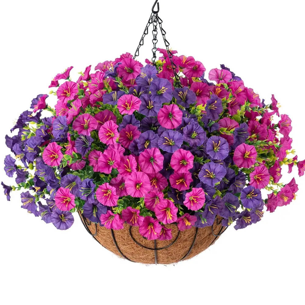 Kunstmatige hangende Morning Glory-bloemen met mandset buitenshuis UV-bestendige nepplanten voor muur huis tuin veranda tuin decor - afbeelding 2