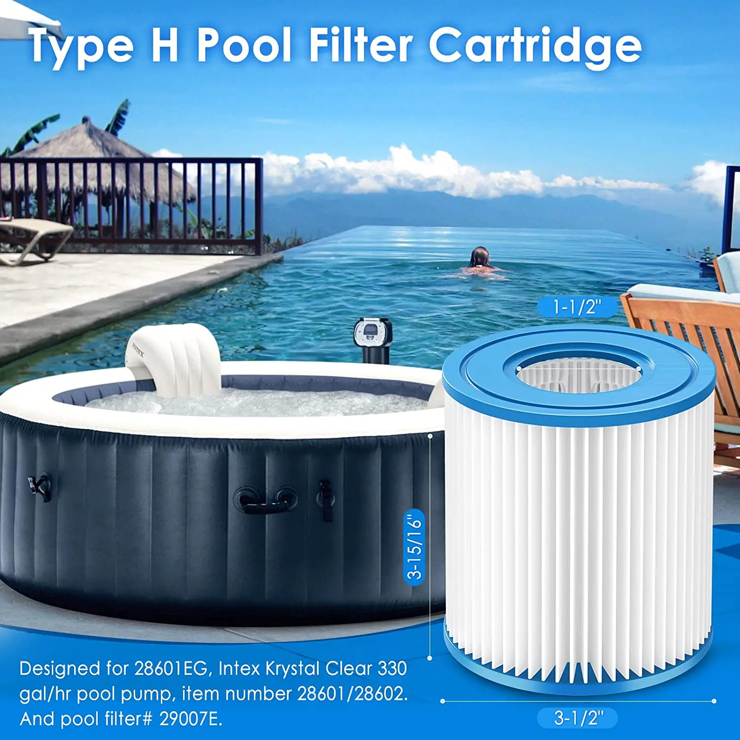 Type H Pool Filters Cartridge 29007E Compatible with Intex 330 GPH Above Ground Pool Pump Model #28601EG