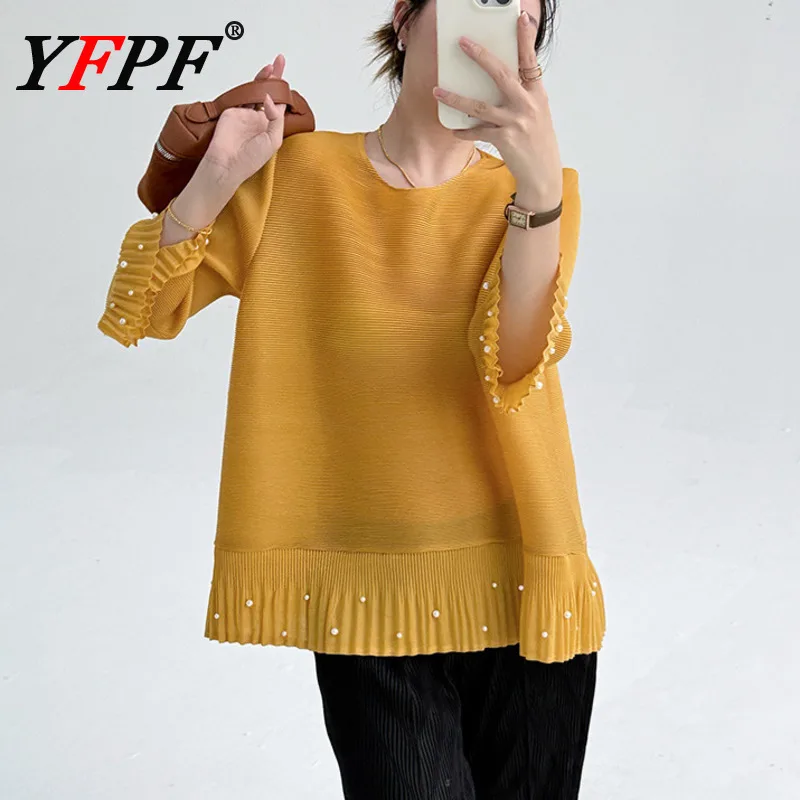 

YFPF Women Flare Sleeve Blouse Fashion Miyake Pleated Pearls Spliced Solid Color Tops Casual 2025 Summer New Clothing 3A434