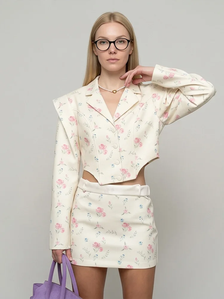 Siren Chic Floral Print Blazer Women's Skirt Set Elegant Cropped Jacket Mini Skirt Two Piece Set Spring Business 2026 Casual Out
