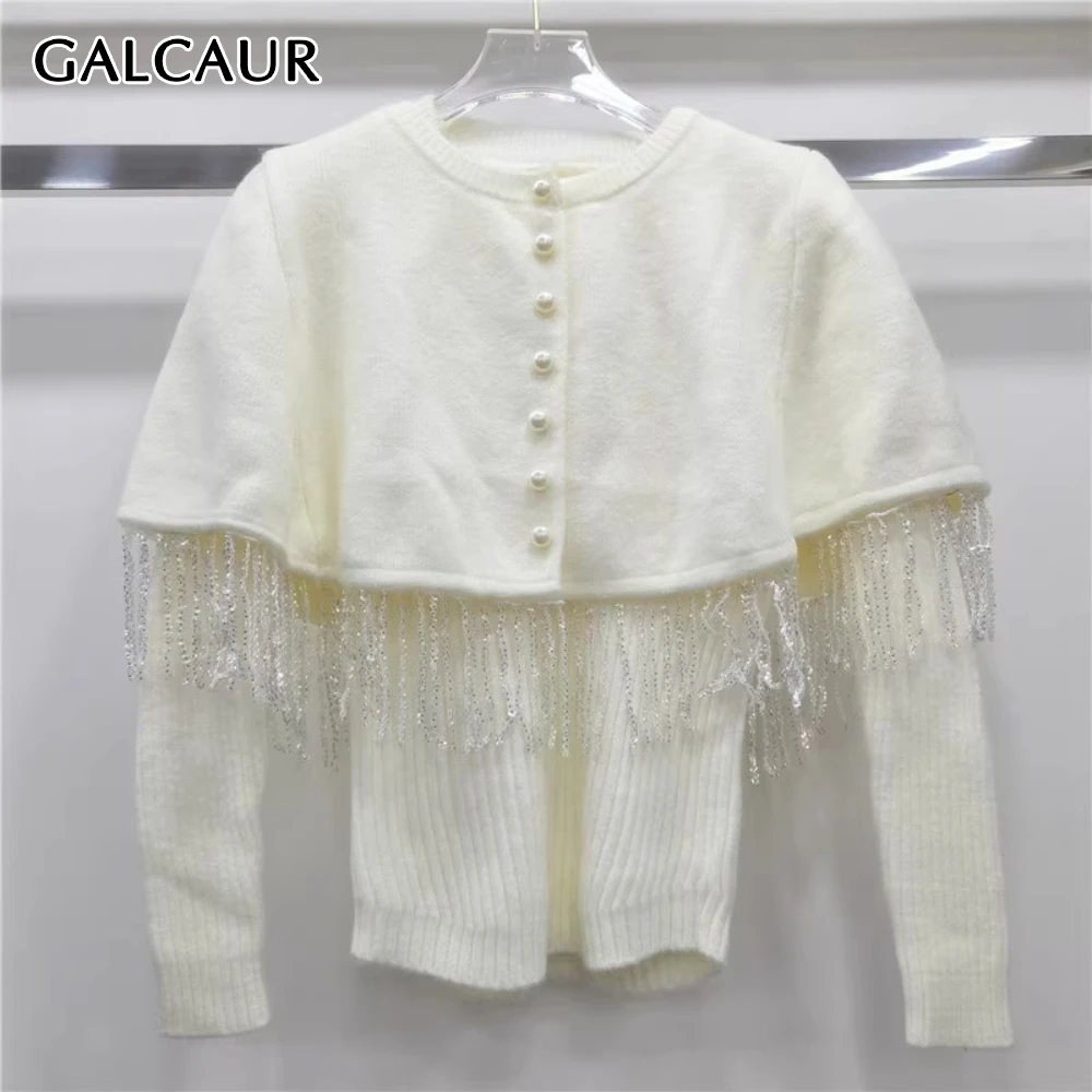 

GALCAUR Solid Spliced Tassel Retro Sweater Female O Neck Long Sleeve Loose French Elegant Women's Sweaters Fashion Autumn New