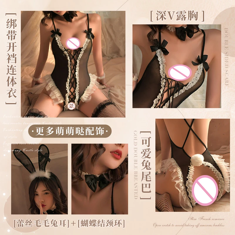 Girl adult uniform temptation rabbit girl lace-up open crotch jumpsuit set sex underwear wholesale uniform sex underwear 7442