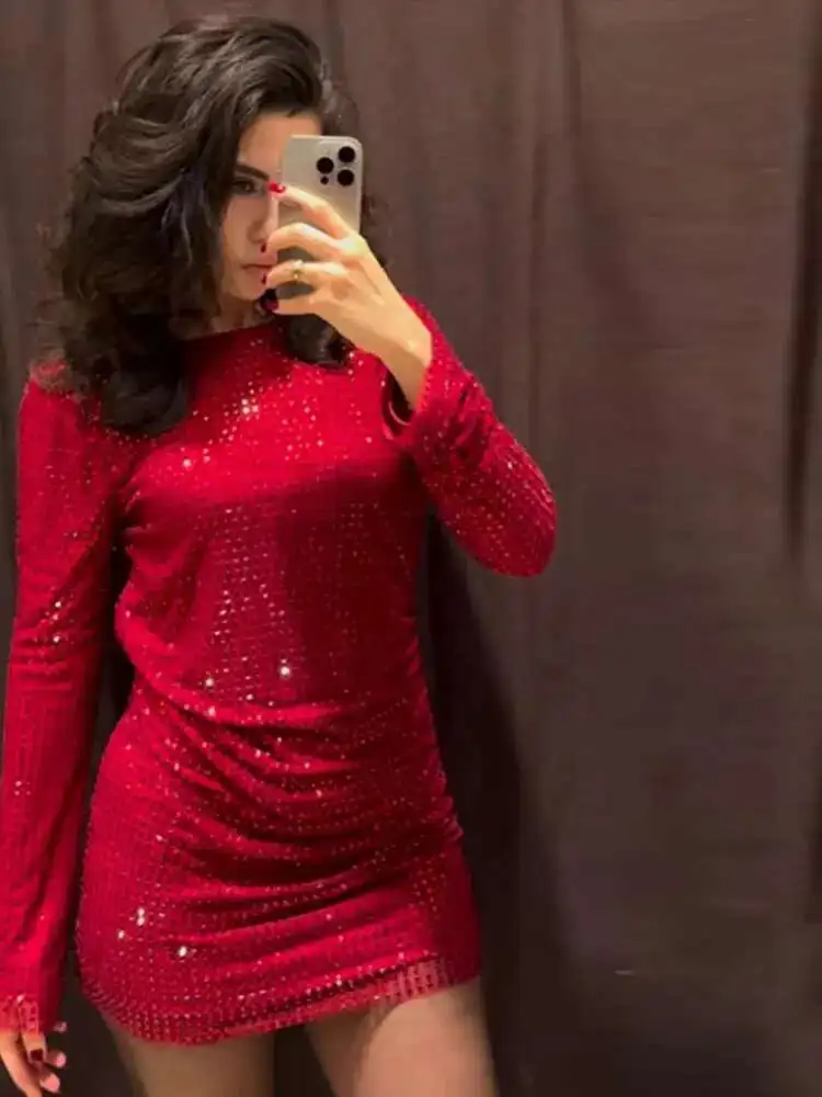 Rotes Weihnachts-Minikleid mit glänzenden Pailletten für Damen, sexy, rückenfrei, O-Ausschnitt, lange Ärmel, schmale Kleider, 2025, für Damen, Party, Abend, Club-Kleider