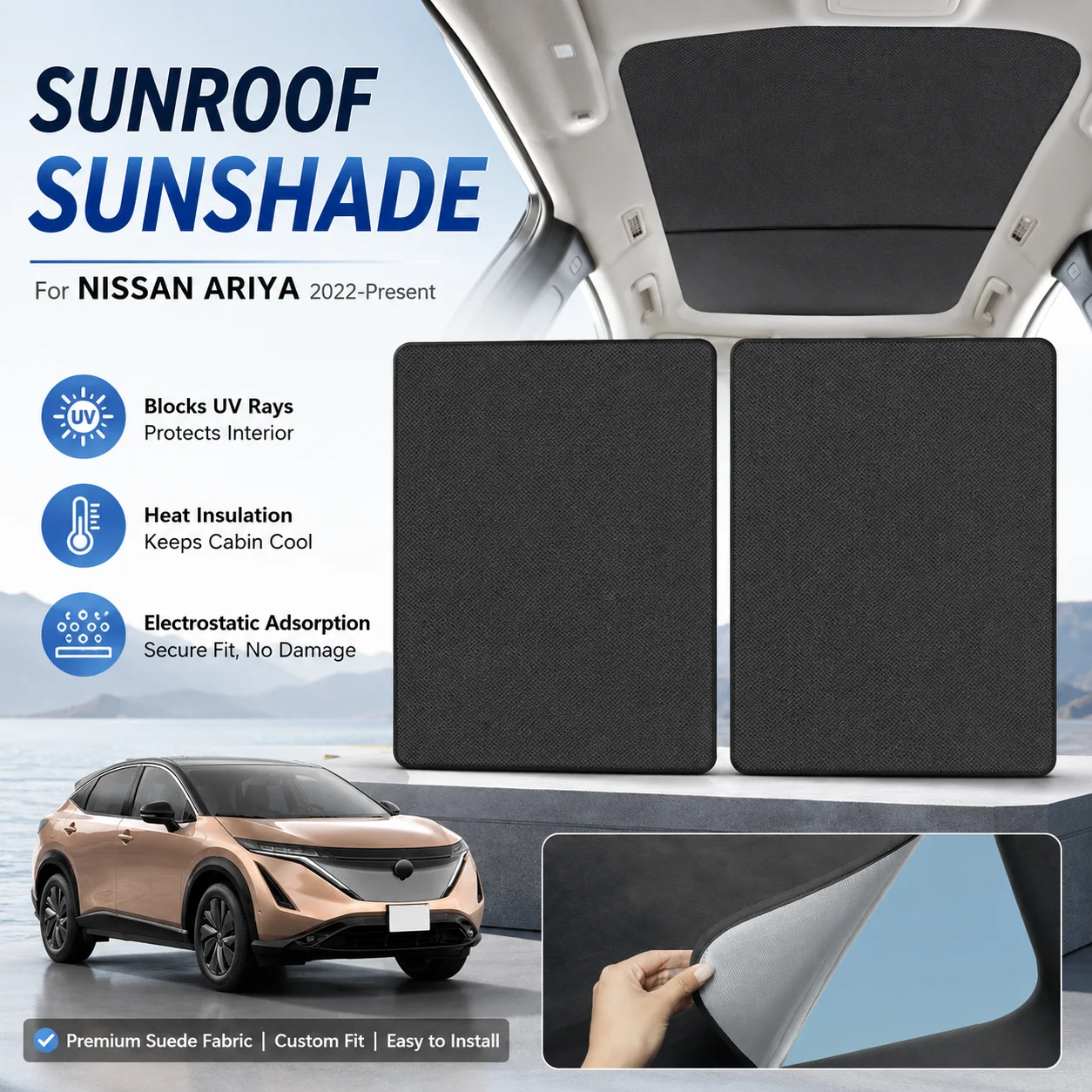 

Car Anti-uv Electrostatic Adsorption Sunroof Sunshade For Nissan ARIYA 2022-Present Suede Fabric Auto Heat Insulation Skylight