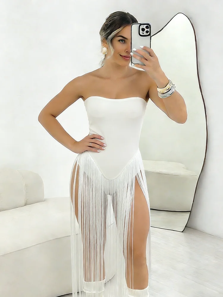 

Женское летнее сексуальное модное боди Nibber для пляжных вечеринок, с открытыми плечами и спиной, без рукавов, с бахромой по низу, облегающее, цвета полуночного синего