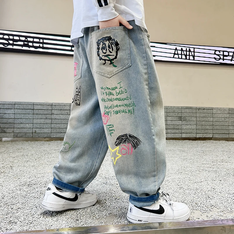 

Baby Boys Jeans Ages 4-14Y Child Long Pants Tween Boys Denim Students Spring Autumn Long Trousers Toddler Drawing Printed Jeans