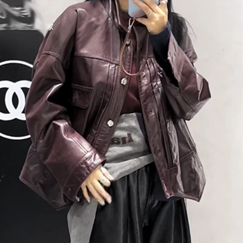 

Fall 2024 New Sle Genuine eepskin Leather Jaet Loose Versatile Slimming Faionable Outerwear Ele Quali Trendy