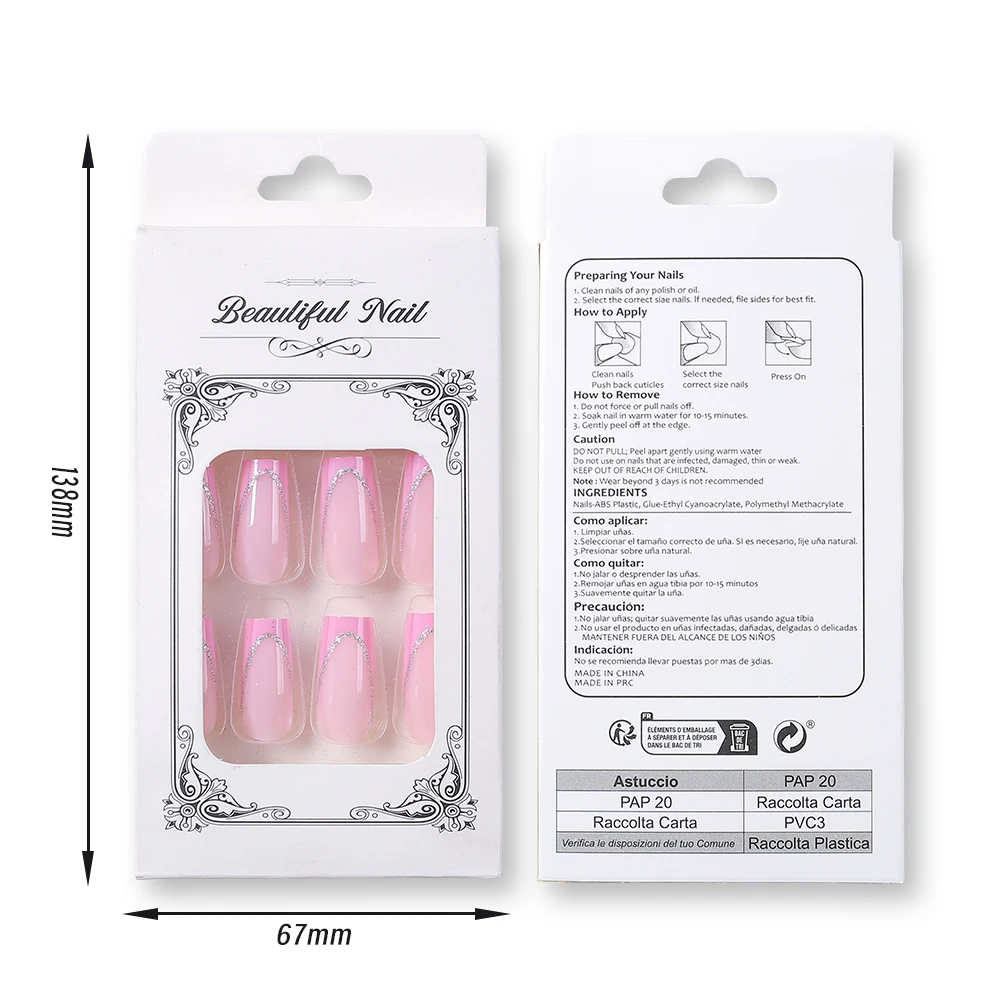 24枚入り グリッターロングバレエピンクフレンチつけ爪 キラキラハートラブアクリルプレスオンネイル フルカバーピンク装着可能フェイクネイル #