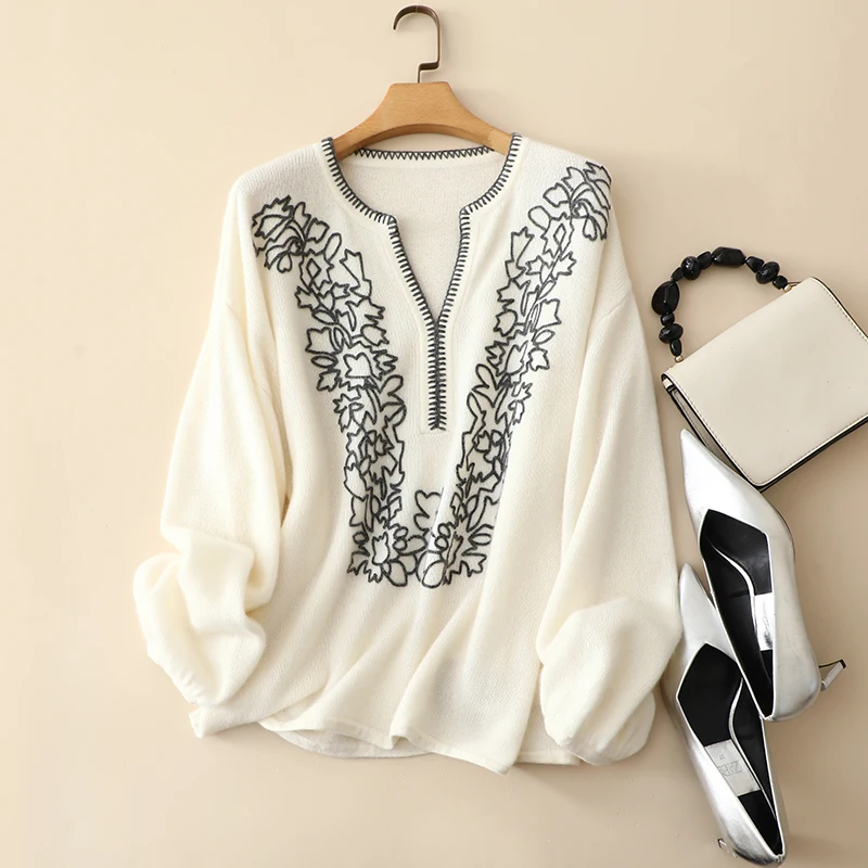 

masigoch europe autumn winter chic knitted puff sleeve 100% cashmere embroidery sweaters