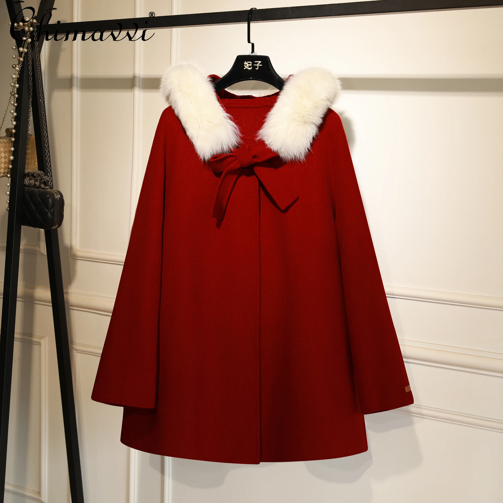

French Elegant Style Commuter Wool Collar Lace-up Bow Single-Breasted A-Line Straight Red Wool Coats Jackets Tops Women Winter