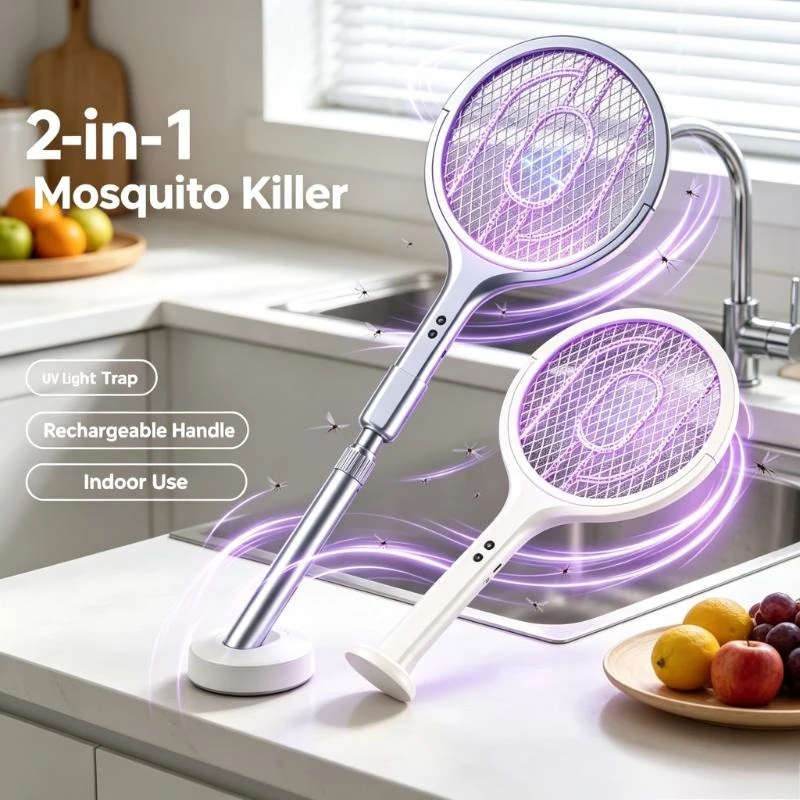 Rechargeable UV Light Insect Trap, 2-In-1 Telescopic Foldable Mosquito Swatter Indoor Household Automatic Bug Killer