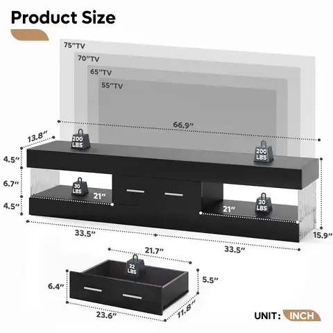 67" Modern TV Stand for TVs 55 to 75 Inch, High Gloss LED Entertainment Center with Stone-Patterned Doors, TV, Customized
