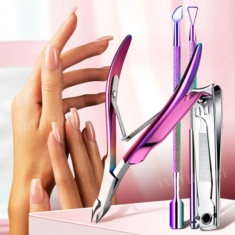 1Set Cuticle Nippers Trimmer Cuticle Pusher Stainless Steel Nail Clippers Cutter Remover Pedicure Manicure Fingernail Tools