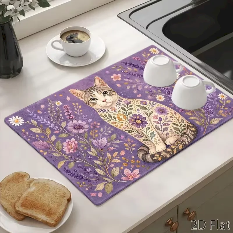 VIKAMA Floral Cat Kitchen Stove Top Cover Mat, Anti-slip Heat Resistant Drying Mat, Countertop Protector Pad Home Decor