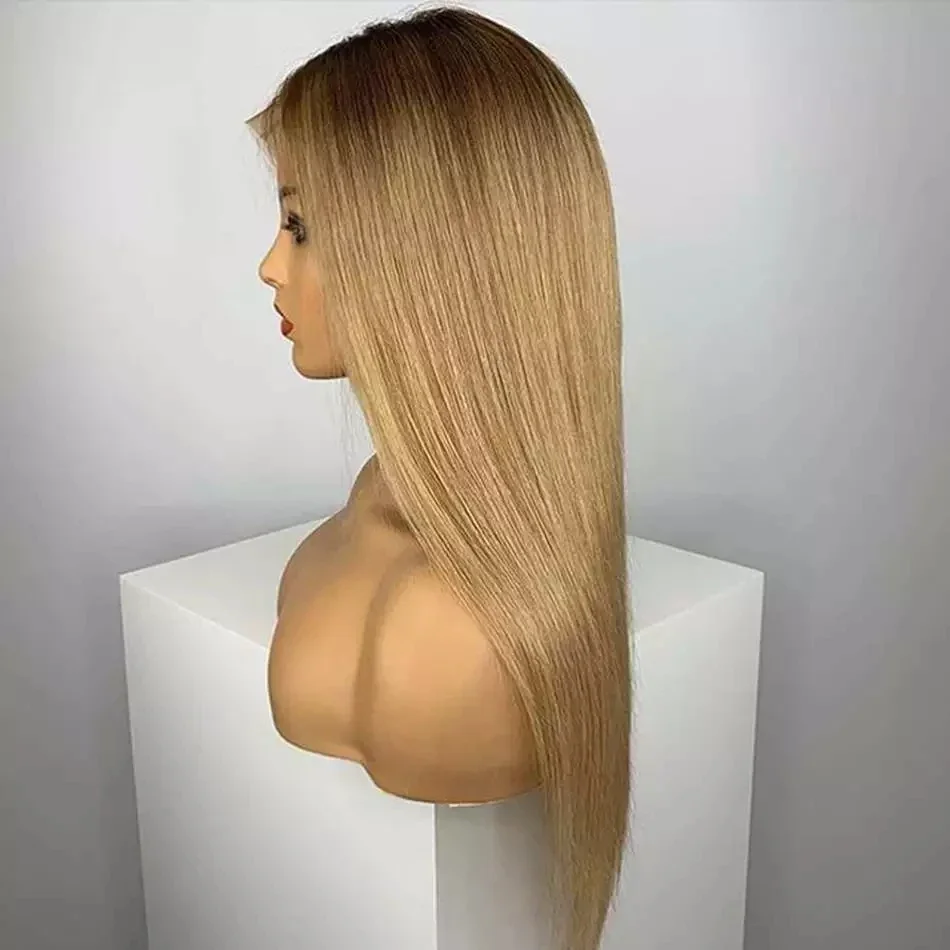 26“Long 180Density Soft Ombre Honey Blonde Silky Straight Lace Front Wig For Black Women with Babyhair Preplucked Heat Resistant