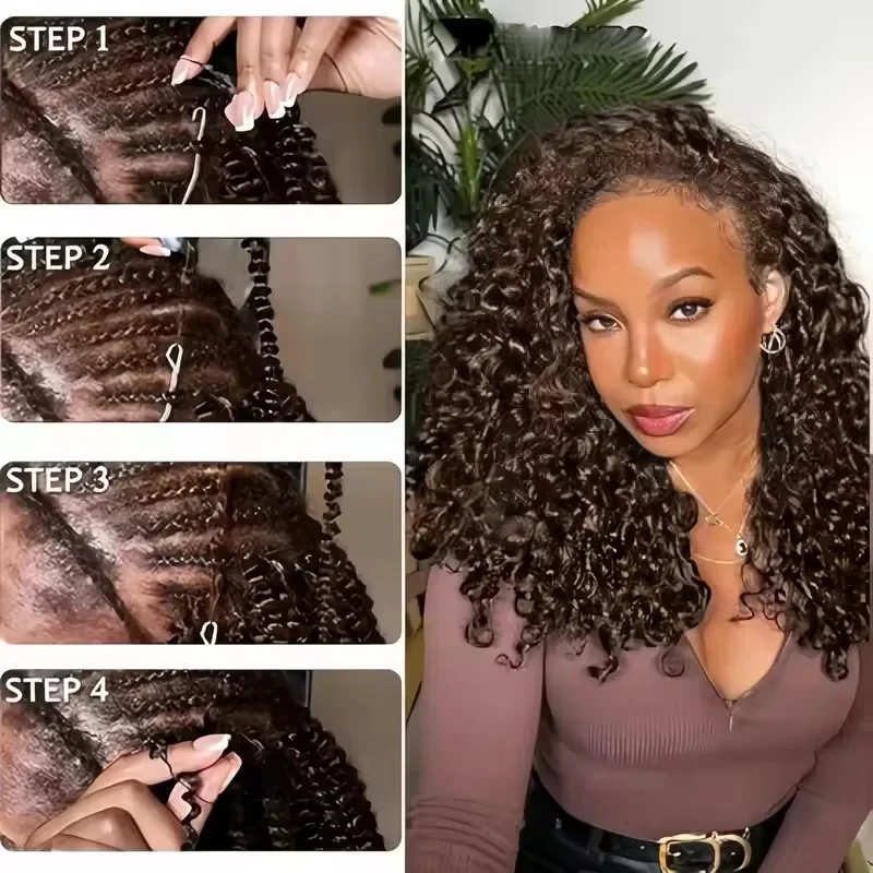 #4 Chocolate Brown Burmese Curly Human Hair Bundles Knotless Pre-Separated Feather Hair Invisible Crochet Hair Extensions