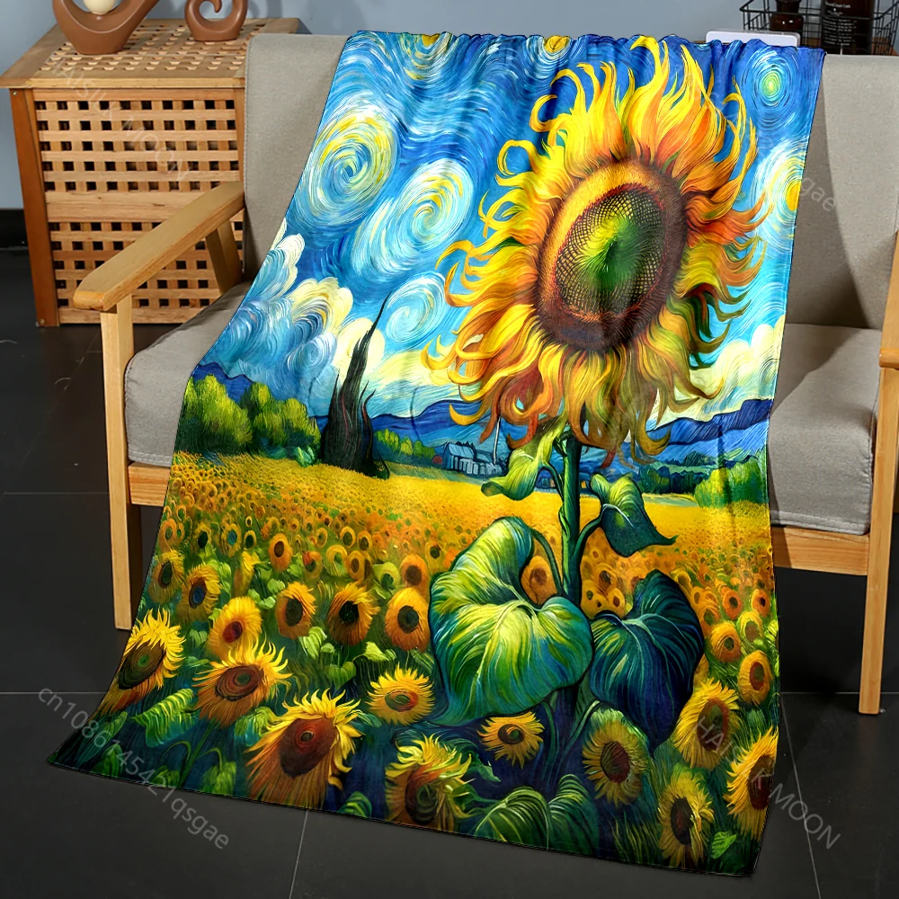 Bright Sunflower and Swirling Sky Pattern Blanket Flannel Material Soft Warm for All Seasons, Home Outdoor Camping Picnics RV