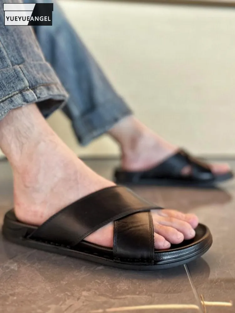Outside Fashion New Mens Cross Strap Genuine Leather Black Slippers Flats Beach Slides Casual Male Summer Slip On Slippers Shoes