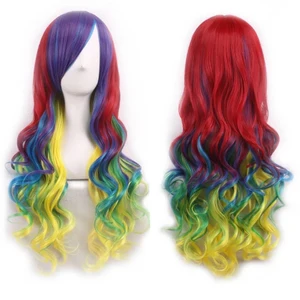 Soowee synthetic hair ombre rainbow wig cosplay with red fringe yellow purple blue blue wigs for black 8 Main Sales Green Wig - №4