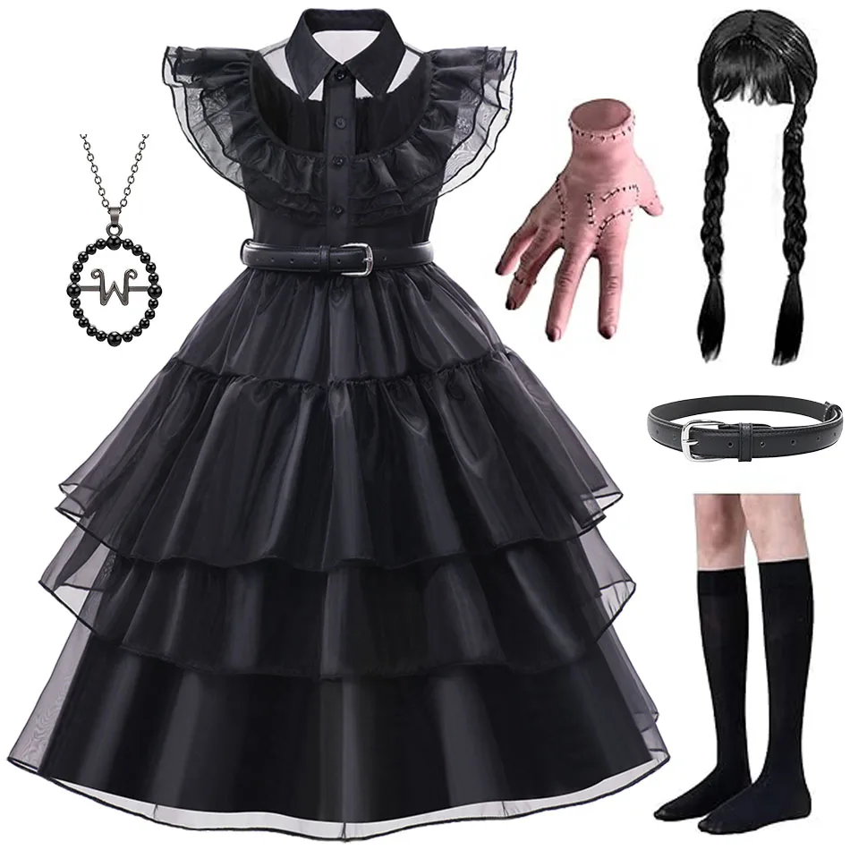 Halloween Kids Wednesday Addams Dress Costume Cosplay Girls Black Gothic Dress Up Outfit with Belt Pretend Play