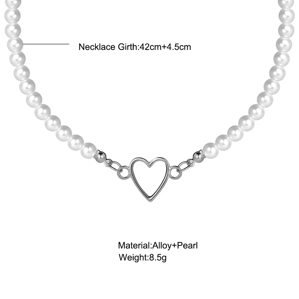 Französische Vintage-Perlenkette für Damen, Modische Silberfarbene Liebesherz-Halskette, Einfacher Damenschmuck, Geschenk für Damen – Detail 2