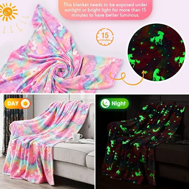 New Glow in The Dark Blanket Unicorn Gift for Kid Birthday Bedroom Decor Unicorns Toys Soft Cozy Luminous Throw Blanket