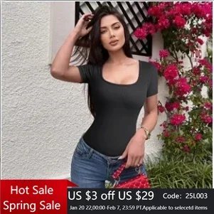 Summer Sexy Short Sleeve Ribbed Square Neck Thong Bodysuits One Piece Square Bodysuits Tummy Control Body Shapers Belly