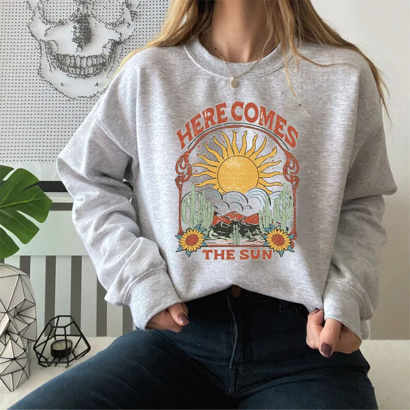 Autumn  Winter Women Hippie Boho Long Sleeve Hoodies Here Comes the Sun Retro Graphic Sweatshirt Vintage Aesthetic Clothes