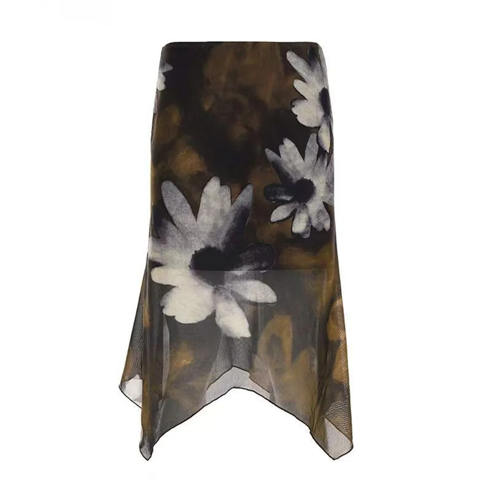 Y2k Floral Print Midi Skirt Women Vintage Low Waist Irregular Hem Chiffon Skirts Summer Casual Streetwear Party Aesthetic Skirt