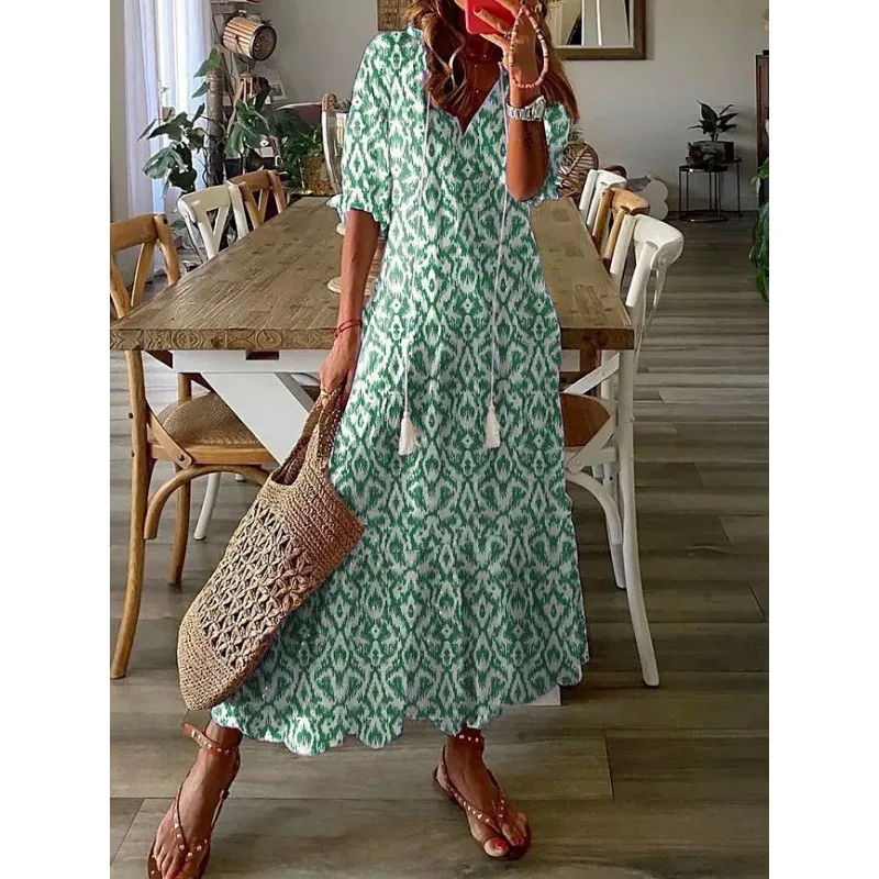 

2024 Women's Bohemian Casual Loose V-neck Printed Beard Petal Short Sleeve Ankle-length Dress Seaside Vacation Long Dress