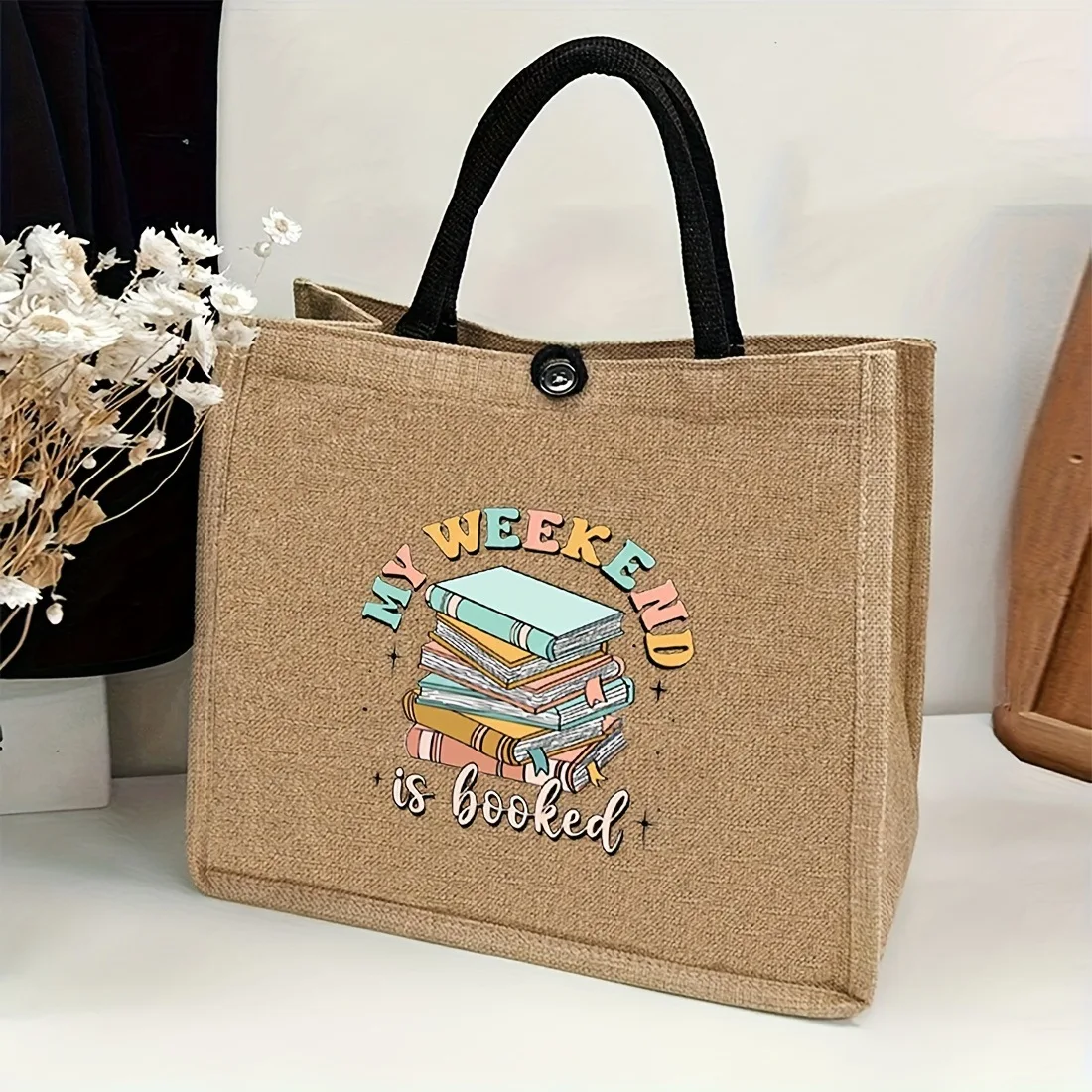 Foreign trade explosion reading enthusiast linen bags, printed large-capacity tote bag, jute shopping bags cross-border supply