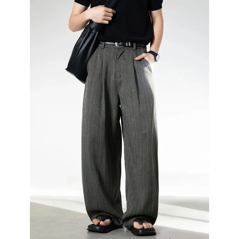 Retro Striped Drape Trousers for Men Loose-Fit Old Money Style Casual Trousers Straight-Leg Long Trousers