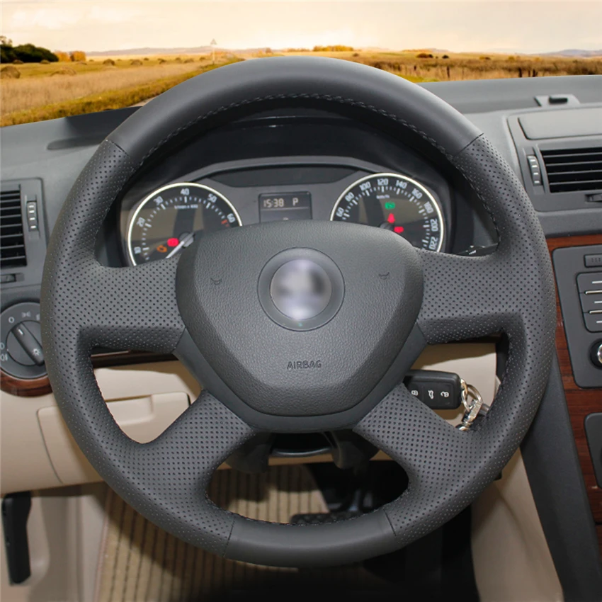 

Сшитый вручную нескользящий прочный черный чехол на руль из искусственной кожи своими руками для Skoda Octavia Fabia, аксессуары для интерьера