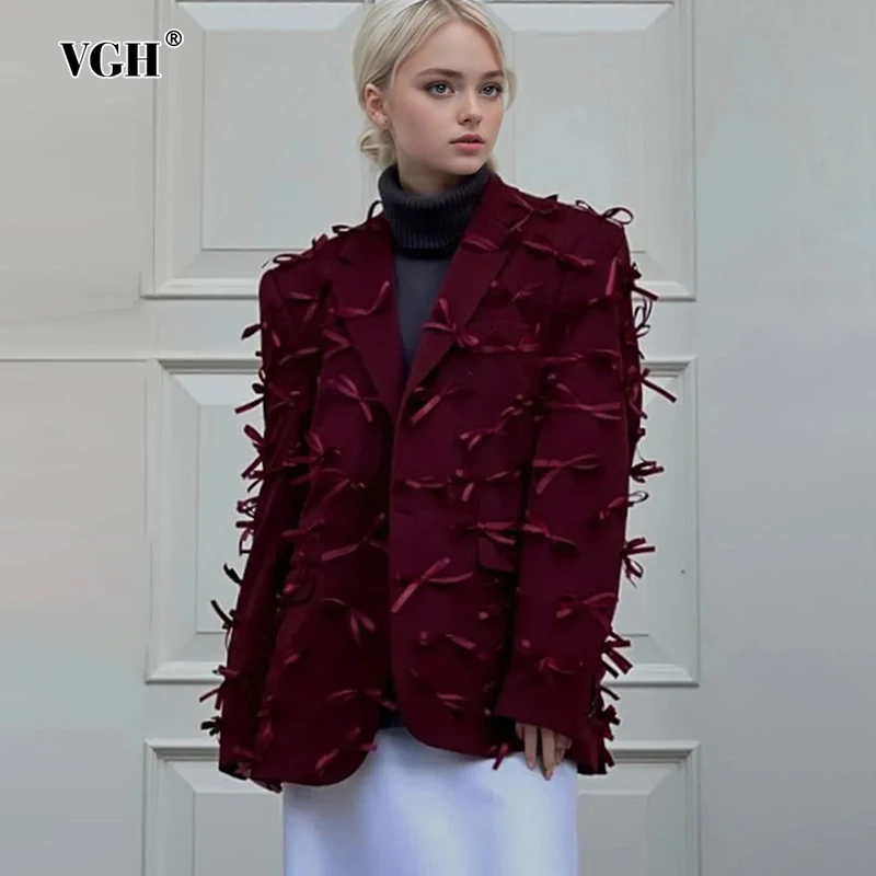 

VGH Solid Patchwork Bowknot Blazer For Women Notched Long Sleeve Spliced Single Breasted Temperament Blazers Female Fashion New