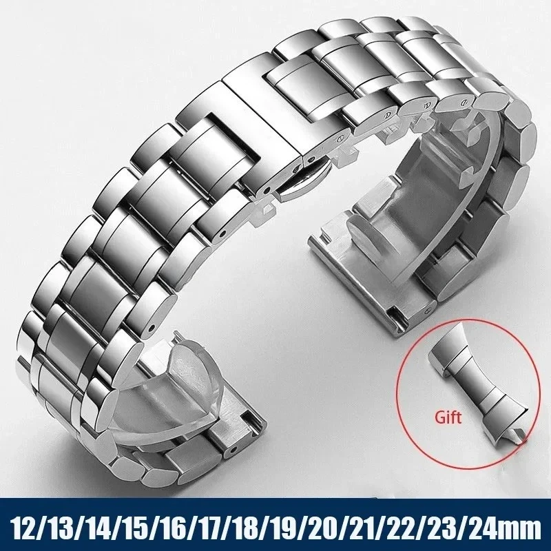 Curved End Solid Stainless Steel Universal Strap 12/13/14/15/16/17/18/20/22/23/24mm Watch Bands for Tissot Butterfly Clasp 2026