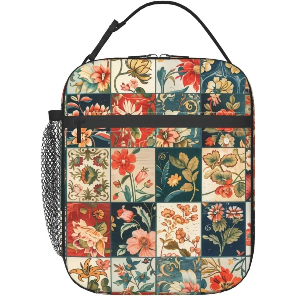 Vintage Floral Lunch Box For Kids Girls Women Adult, Insulated Rustic Flower Retro Lunch Bag,Polyester Cooler Handbags
