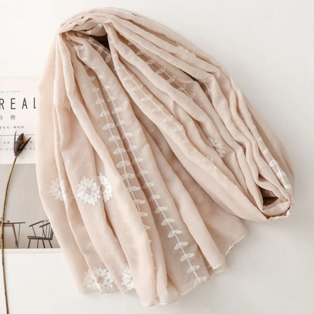 

Retro Long Embroidery Flower Scarf Large Yarn Ethnic Style Wrap Solid Color Cotton Floral Hijab Female