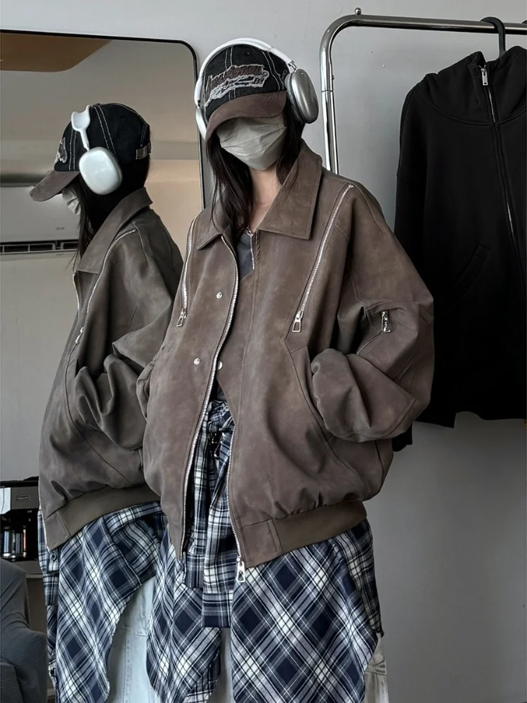 

Men's Spring Autumn PU Leather Jaet Retro American Motorcycle Sle Casual Loose Fit Youthful Faion Streetwear