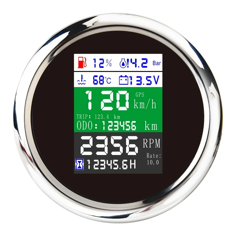 85MM 6-In-1 Multi-Functional GPS Speedometer Tachometer Fuel Level Water Temp Oil Pressure Gauge Voltmeter Alarm