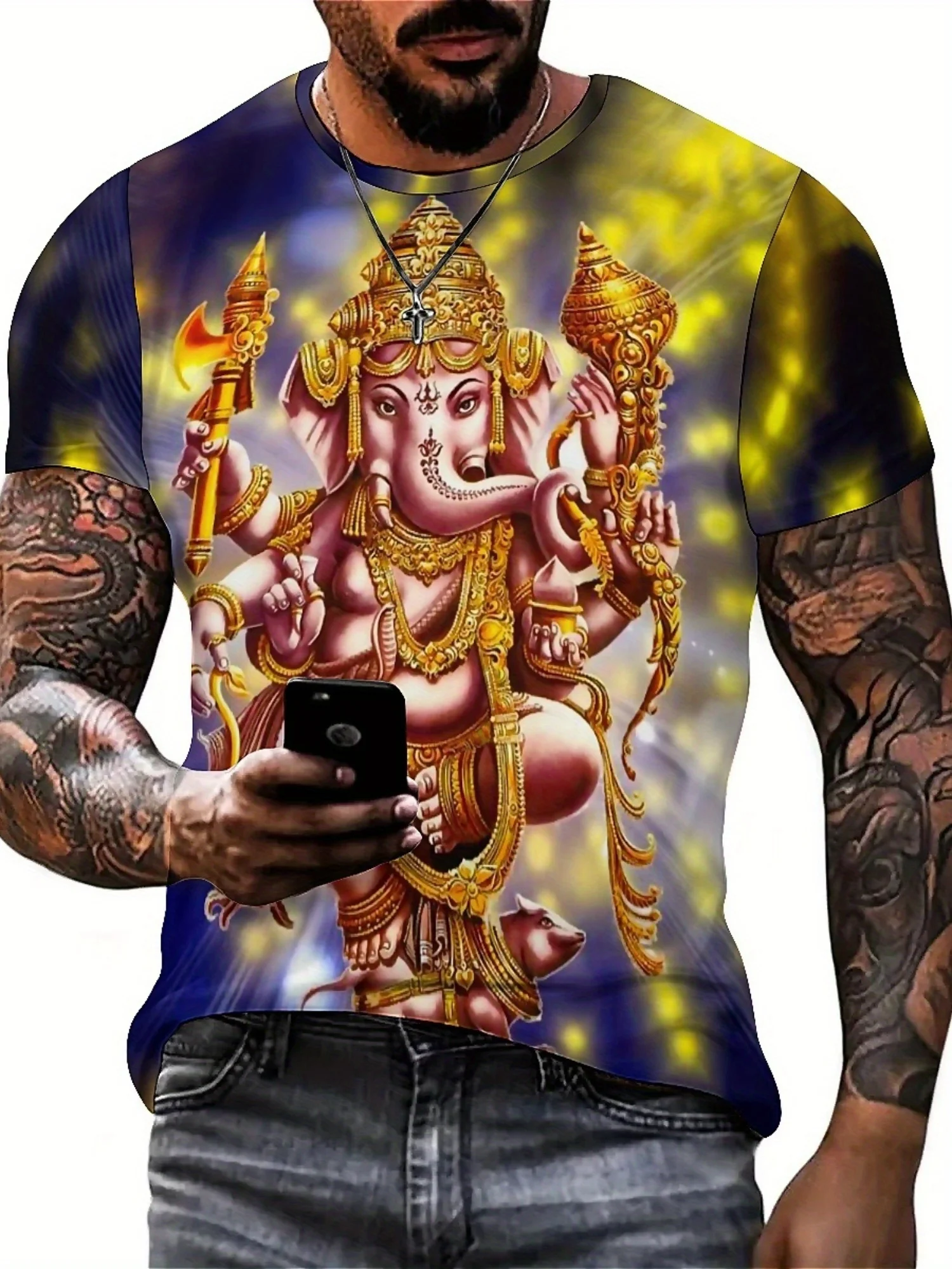Camiseta masculina e feminina de manga curta com estampa 3D – tecido de poliéster macio, padrão geométrico vibrante, conforto para todas as estações