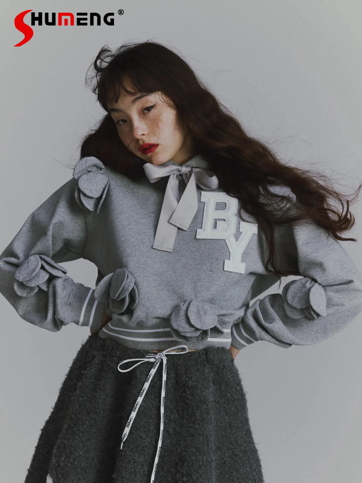 

Japanese B Letter Embroidered Gray Hooded Sweatshirt New Spring Women's Casual Clothes Three-dimensional Rose Cotton Pullover