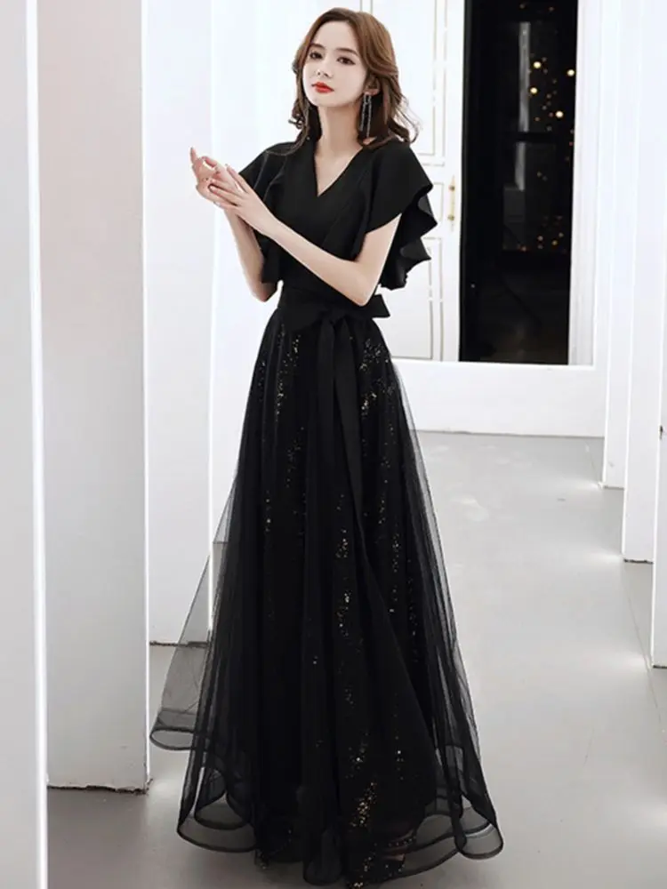 Black Slim Lace Up Evening Dress Elegant V-Neck Ruffle Short Sleeve Cocktail Party Dresses Back Zipper Long Graduation Vestido