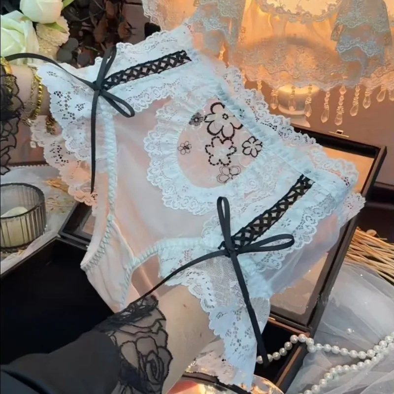 French Bow Lace Embroidered Pure Desire Underwear Women's Fattened High Waist Sexy Hollow Mesh Briefs Smooth and Soft Panties