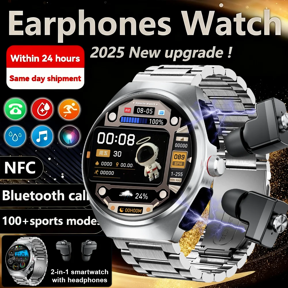 

2025 New Man Smart Watch TWS Headset Two-in-One Wireless Bluetooth Dual Earbuds Call Health Monitor Sport Tracker NFC Smartwatch