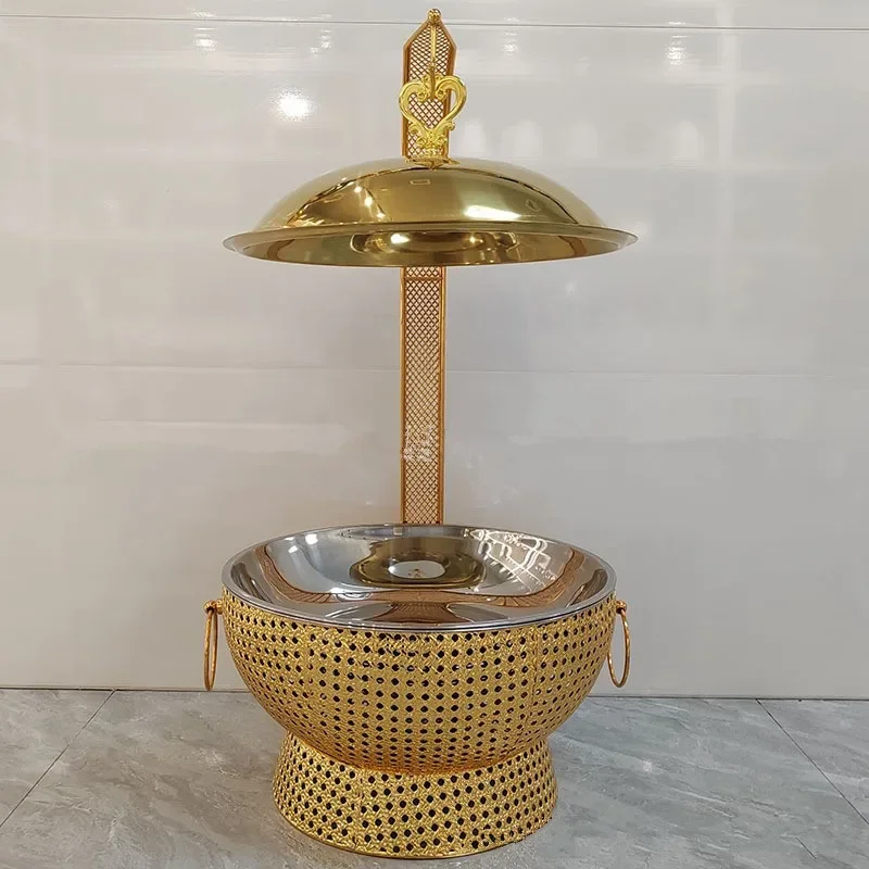 8-Quart Gold Hot Pot with Lid and Vertical Stainless Steel Hot Pot Buffet Server Warmer Set with Movable Hanging Cover